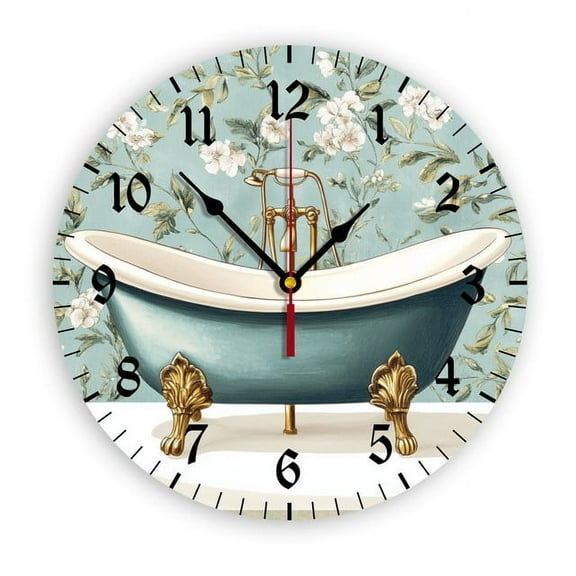 YladaFaie Watercolor Vintage Bathtub Wall Clocks for Living Room Decor,Kitchen Clocks Wall Battery Operated - 10 Inch Round Bathroom Wall Clock Silent Non-Ticking