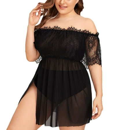 

outfmvch plus size lingerie pajamas for women fashion plus size lace sheer mesh lingerie off-shoulder nightdress 1xl-4xl bathrobe for women black xxxxl