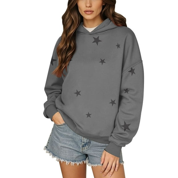 Women's Star Print Drawstring Hooded Sweatshirt with Pocket, Lightweight Oversized Long Sleeve Pullover Top, Casual Streetwear Fall Winter Comfort Wear, Aesthetic Soft Fleece Loungewear Grey L