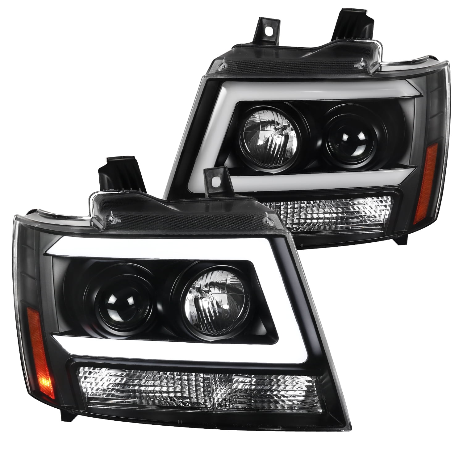 L+R Pair Head Light Lamp Assembly Spec-D Tuning LED Strip Glossy Black Projector Smoke Headlights Signal Compatible with Chevy Avalanche 2007-2013 2007-2014 Tahoe Suburban 