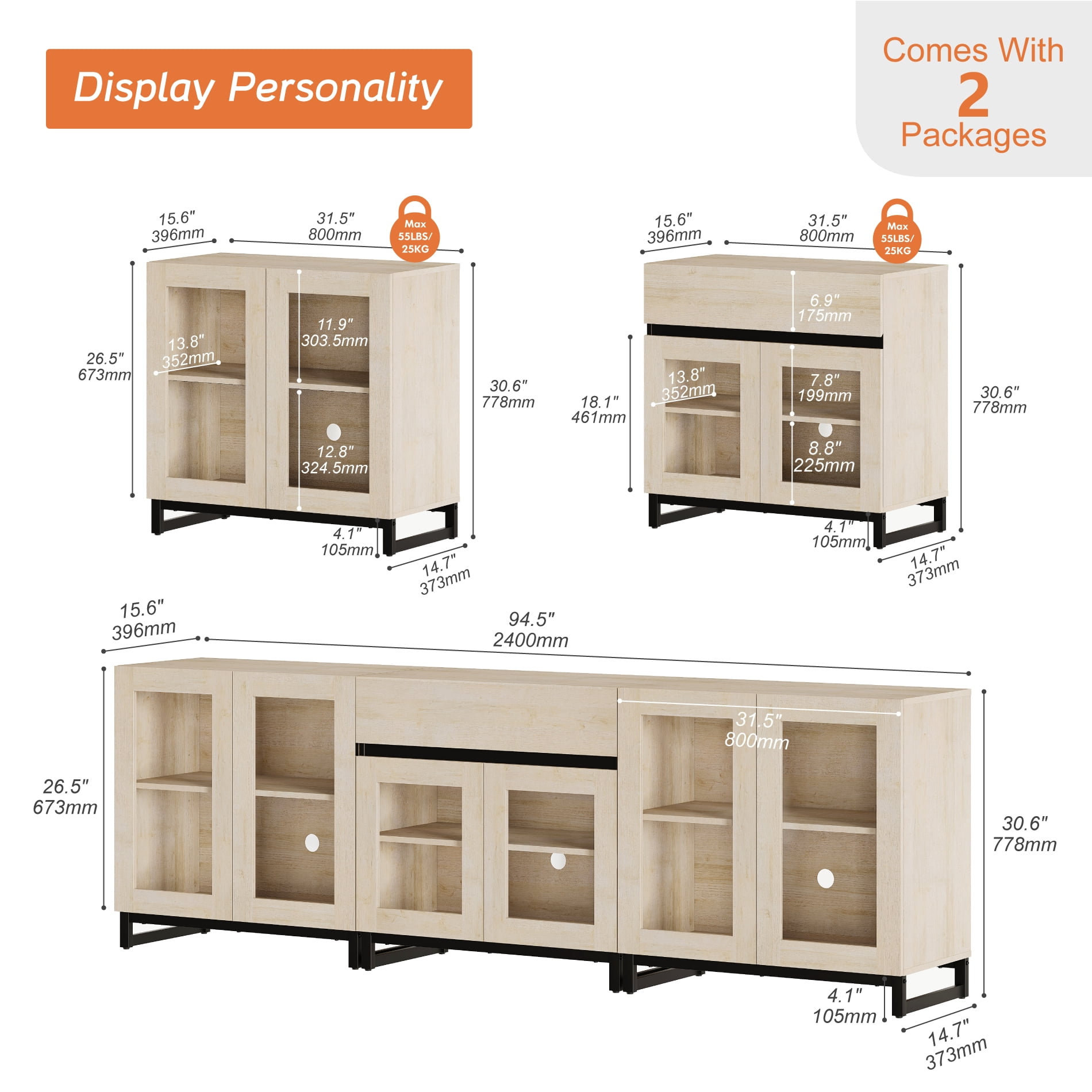 3 In 1 Modern Dresser with Glass Doors, Adjustable Shelves and Drawer, Metal Base Storage Cabinet, Multifunctional Chest Of Drawers for Bedroom Home Storage,Beige