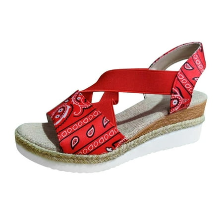 

TAIAOJING Women Sandals Cashew Flower Fabric Elastic Wedge Wedge Platform Fish Mouth Sandals Fashion Shoes Zapatos