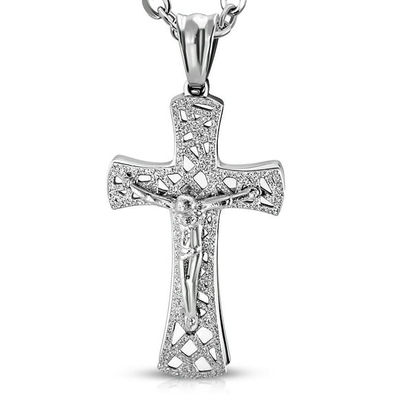 Stainless Steel Silver-Tone Jesus Cross Crucifix Pendant Necklace, 18"