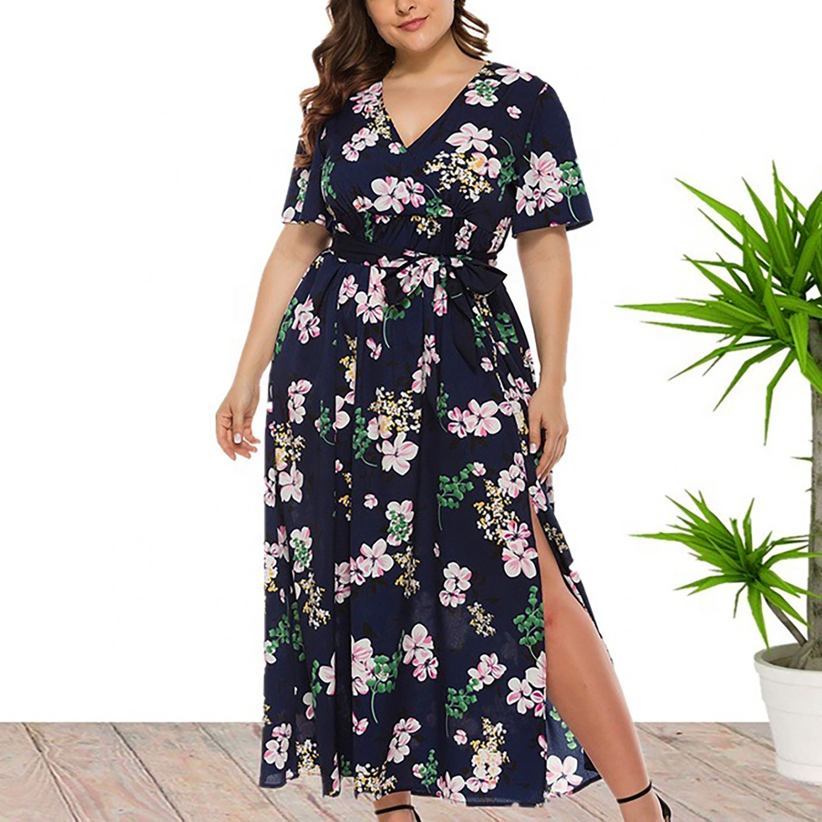 HSMQHJWE Vestidos Para Mujeres Gorditas Plus Size Pocket Dress Women S V Neck Plus Size Floral Short Sleeve Hem Slit Belted Dress Plus Size Party Dress Long Sleeve Walmart