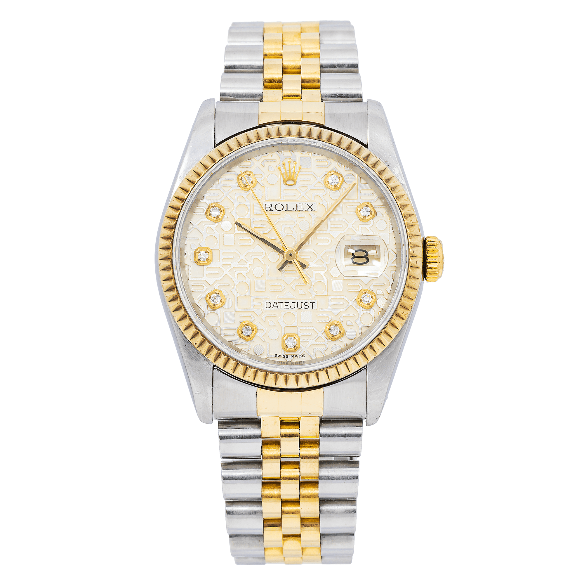 Pre-Owned Rolex Datejust 16013 36MM Silver Rolex Motive Diamond Dial With Two Tone Bracelet