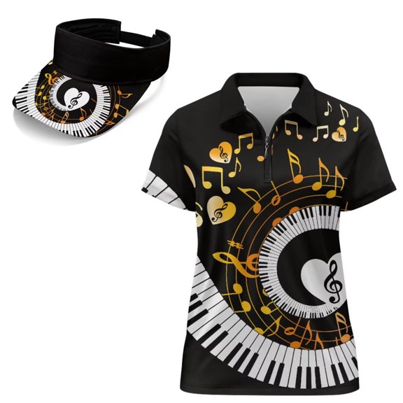 Garronmavis Women's Golf Shirt and Sun Visor Hat Set Music Note Piano Keyboard Short Sleeve Collared Golf Tank Shirt Adjustable UV-Protective Sun Visor Moisture Wicking Breathable Fabric for Running