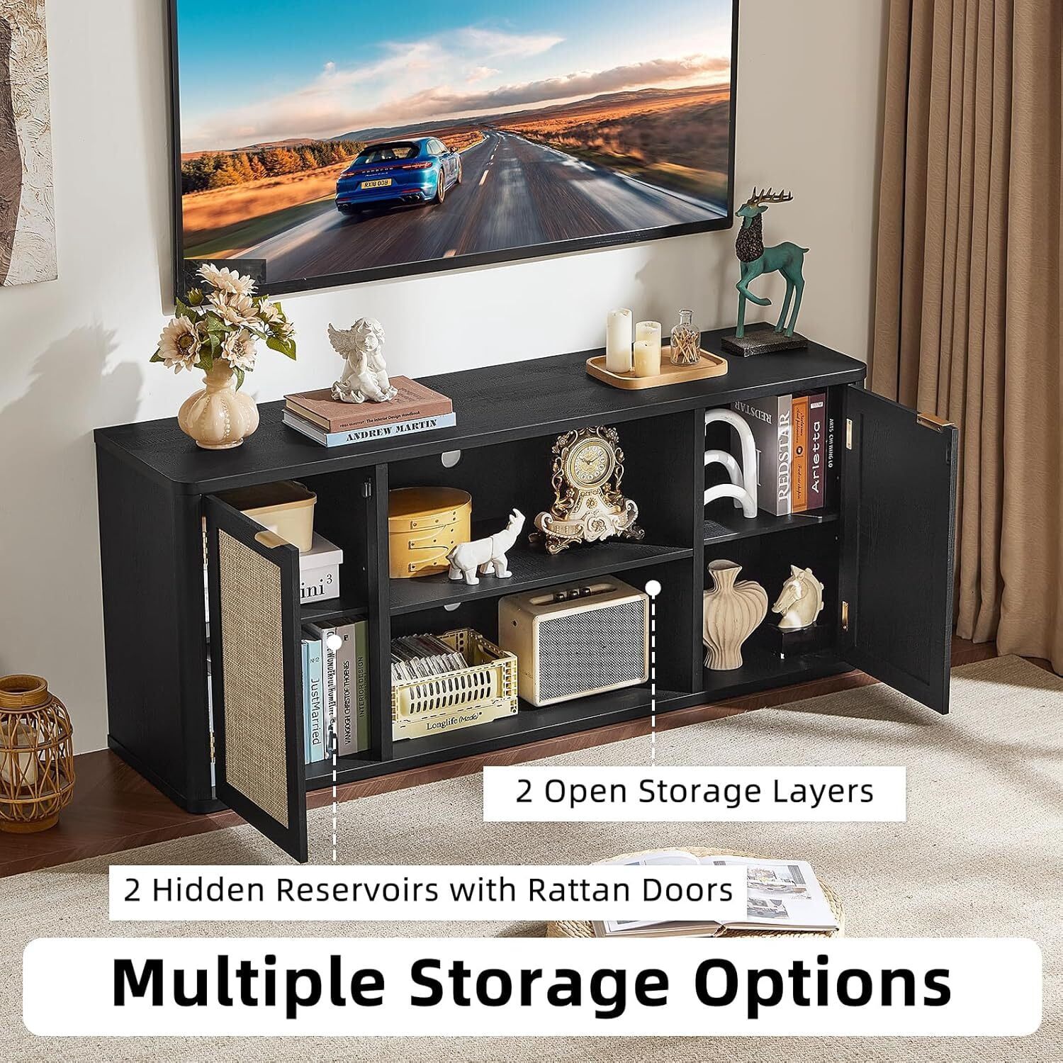 59"W Rattan TV Stand with 2 Doors– Large Boho Farmhouse TV Cabinet Media Console with Adjustable Shelves & Spacious Countertopfor Living Room, Black