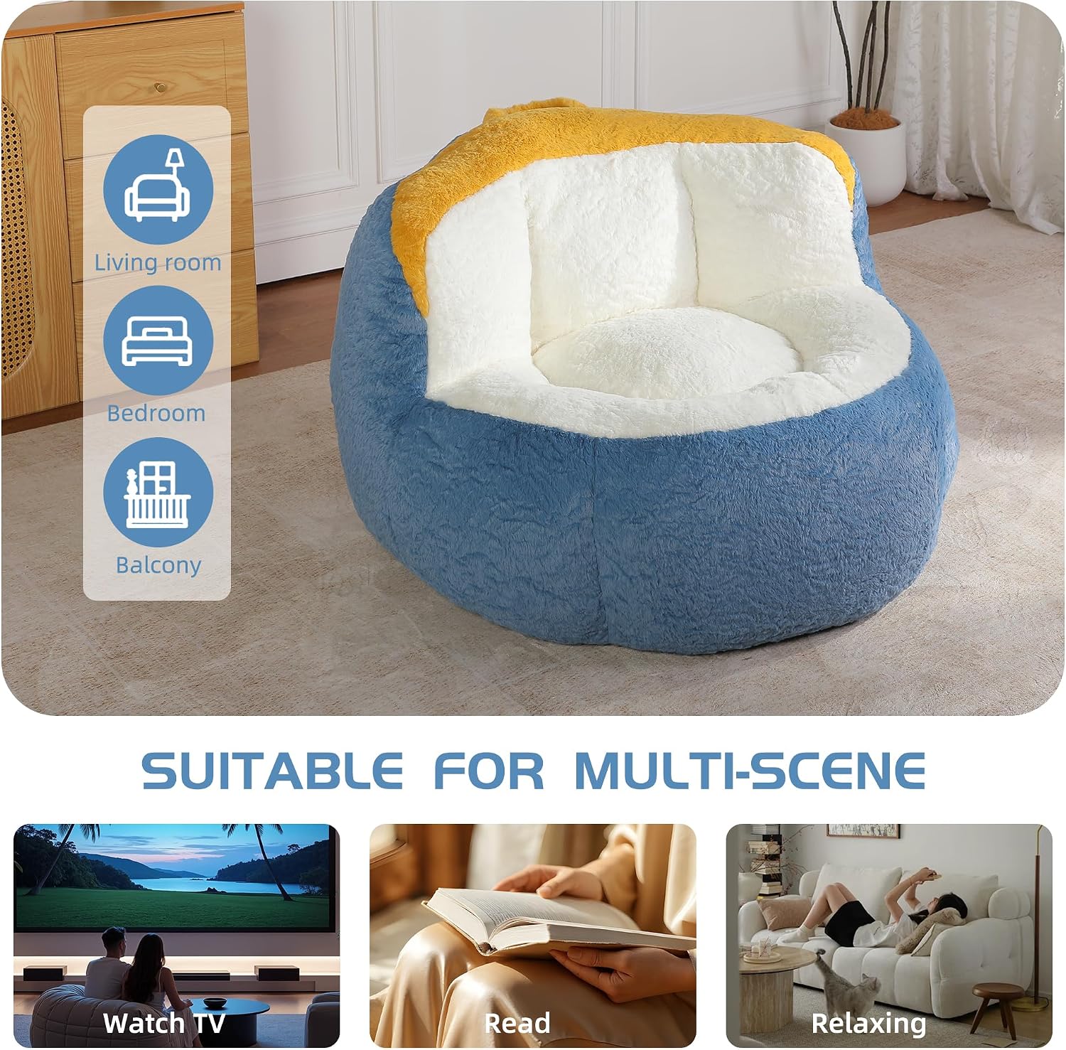 Large Plush Bean Bag Chair, High‑Density Memory Foam Bean Bag Sofa with Non‑Slip Bottom for Adults Kids Teens