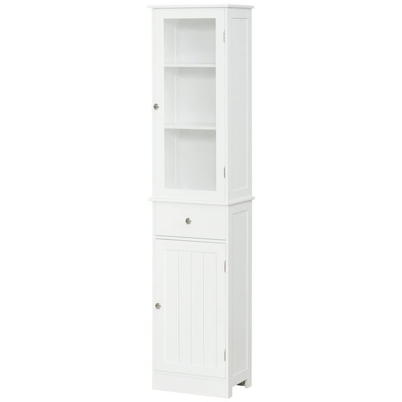 Slim Bathroom Storage Cabinet, Tall Linen Tower with Acrylic Door & Shelves, White