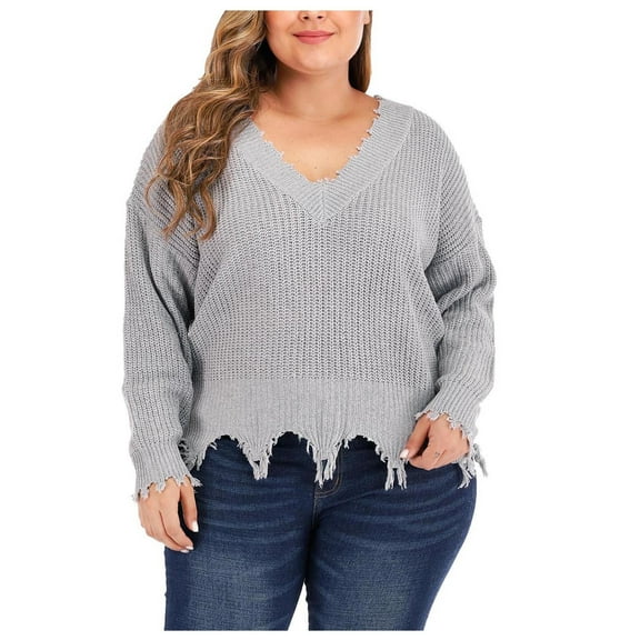 Lilgiuy Women's Autumn Winter Solid Blouse V-neck Long Sleeves Knit Fringed Sweater Tops,Gray,10 2022 Fall Winter