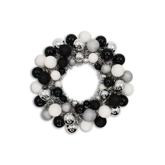 Queens of Christmas BAT-BWR-16-BKWH-PW 16 in. Ball with Battery Powered Pure White LEDs Wreath, Black & White