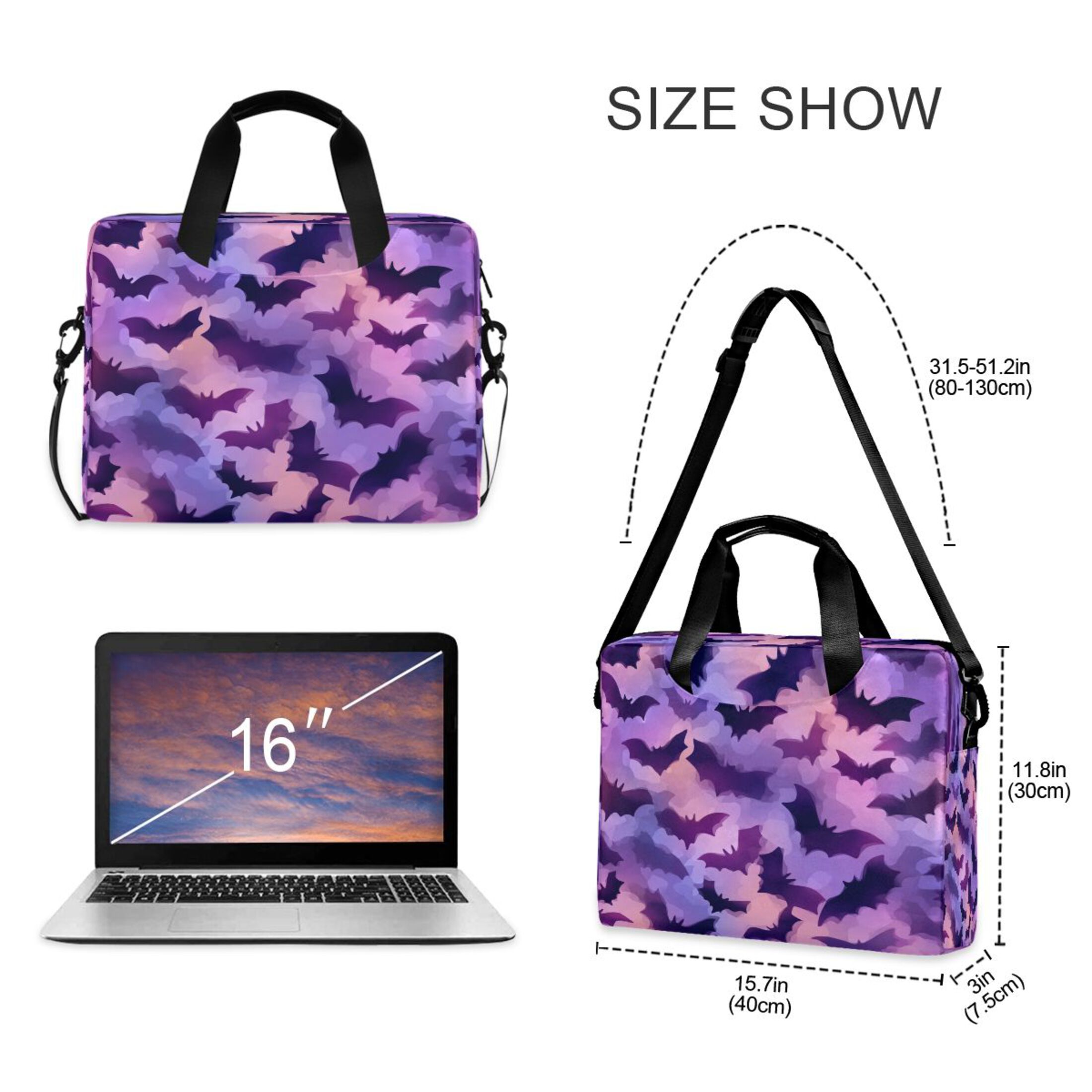 16" Laptop Tote Bag Laptop Sleeve Case Computer Briefcase for Work & Travel Purple Bats Pattern