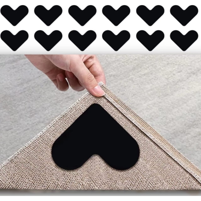 Rug Gripper 12Pack Double Sided Non-Slip Rug Pads Rug Tape Washable Rugs Reusable Carpet Tape Compatible with Hardwood Floors & Tile for Kitchen Bedroom Rug Pad Grippers to Keep Corners Flat(Black)