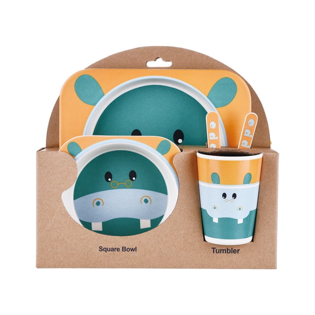 Juego de vajilla para niños 5 uds., Cuenco de dibujos animados de fibra de bambú para bebés, juego de vajilla para animales, taza para niños pequeños, cuchara, tenedor kenally JJ15200-06