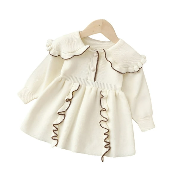Esaierr Newborn Toddler Baby Girls Lapel Dress Knitted Long Dress Lace Long Sleeve Button Autumn Winter Casual Princess Dress for 9M-4Y
