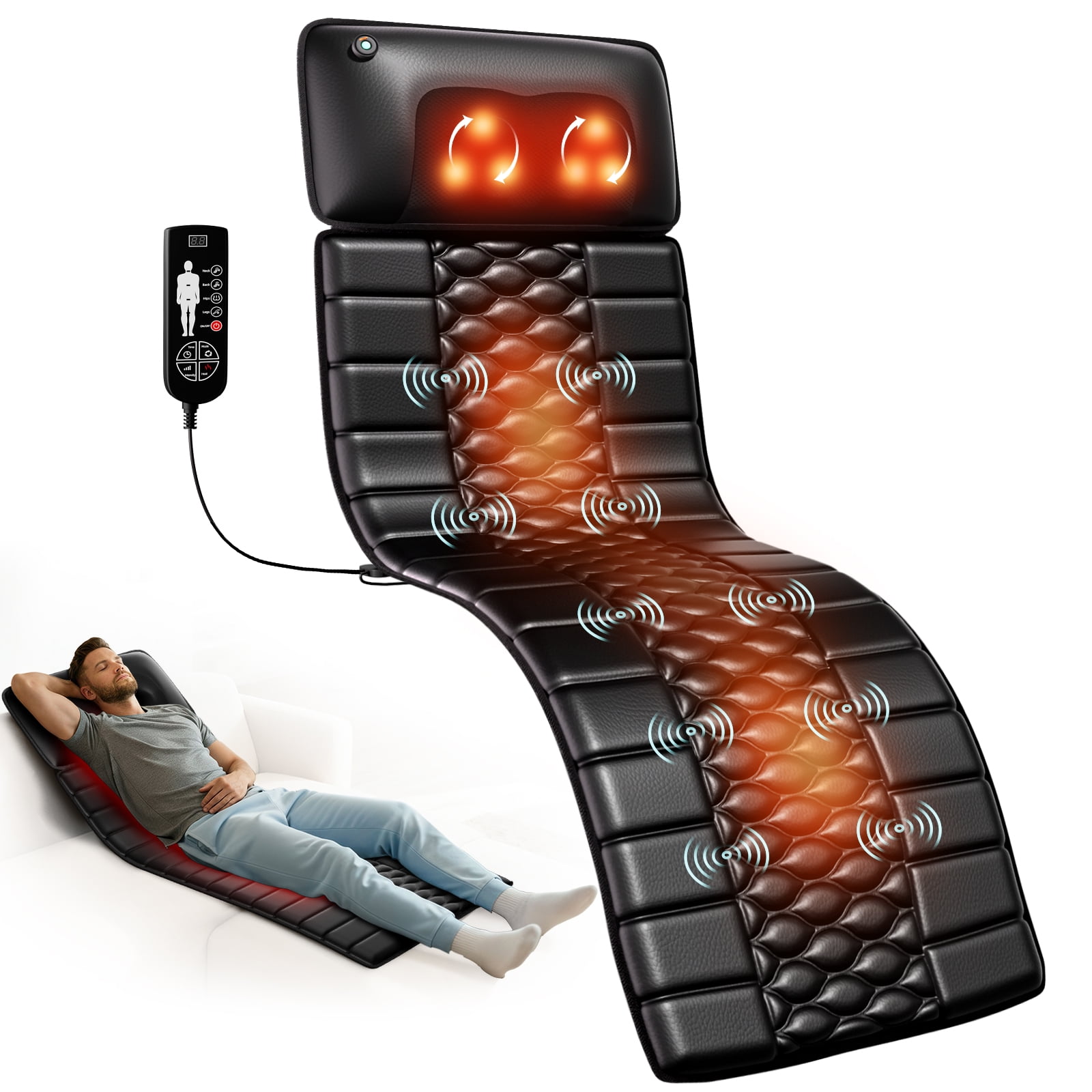 Full Body Massage Mat with Heat, Detachable Massager Pad, 10 Vibrating Motors, Deep Tissue Pain Relief for Back, Neck & Legs - Relaxation at Home or Office, Fathers Day Dad Gifts