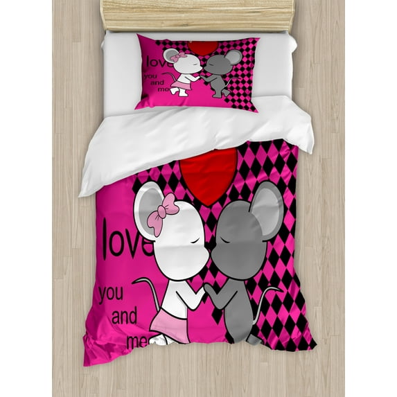 Kissing Duvet Cover Set Twin Size, Love You and Me Inscription and 2 Mouse Boy and Girl Design Print, Decorative 2 Piece Bedding Set with 1 Pillow Sham, Hot Pink and Multicolor, by Ambesonne