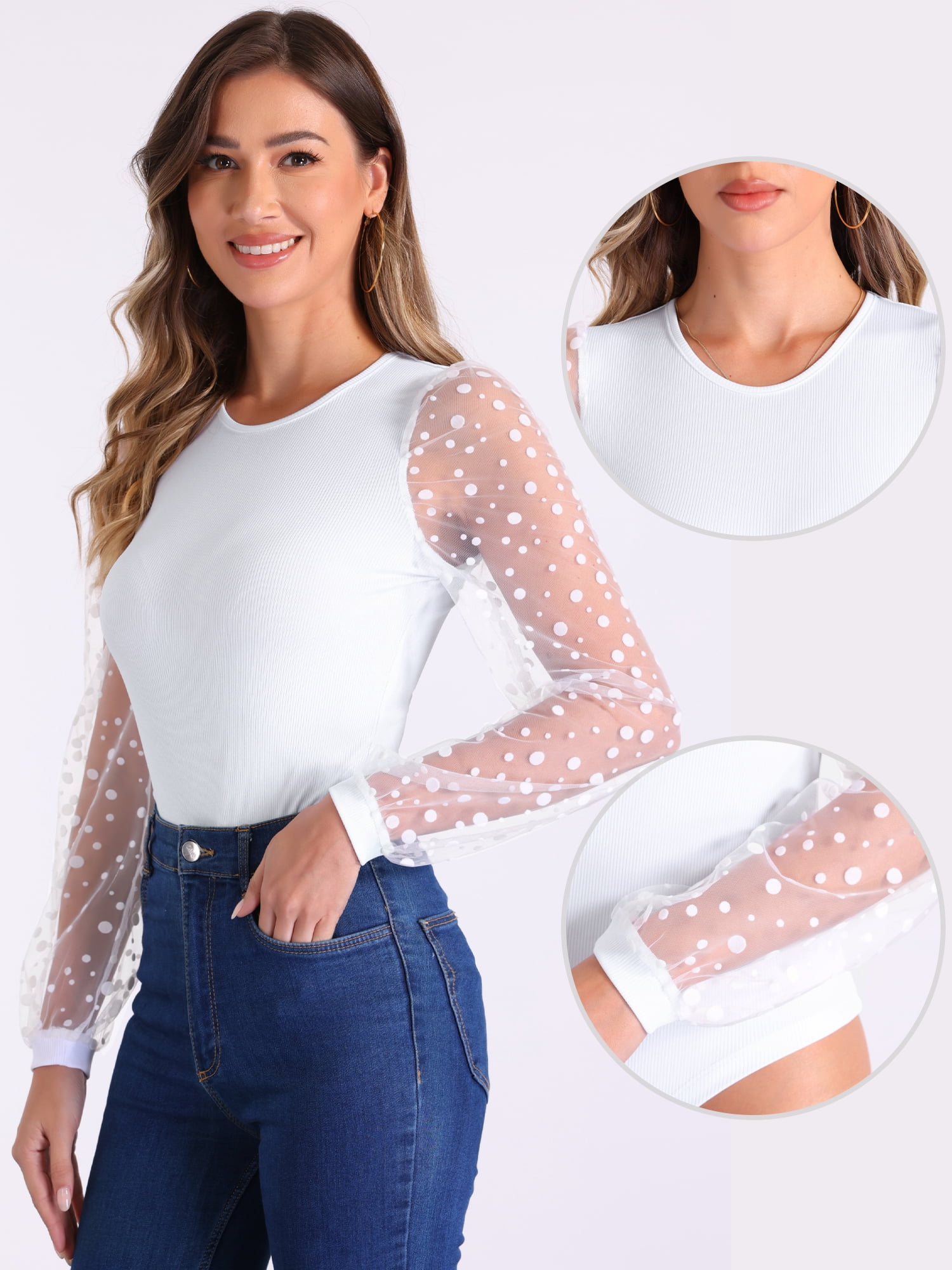 DARING DIVA Polka Dot Sheer Long Sleeve Crew Neck Bodysuit S White