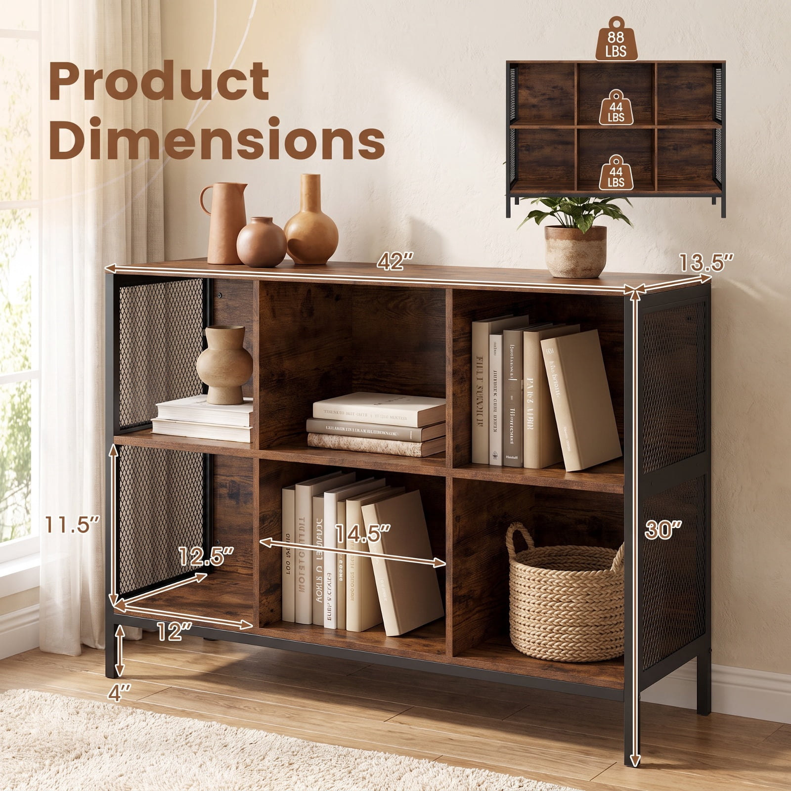 Furnibear 6 Cube Bookcase 42" Wide Horizontal Bookshelf with Accent Cubby Shelf for Living Room Home Office Bedroom Display Storage, Rustic Brown