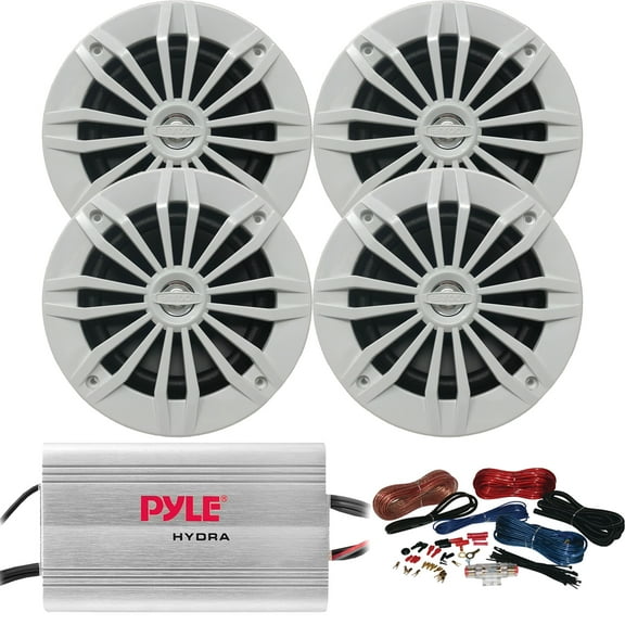 4 x Enrock 6.5" 2-Way 180W White Marine Speakers, Pyle 4-Channel 400W MP3/iPod 2-Ohm Stereo Stable Amplifier, Marine-Grade 8-Gauge Amp Installation Kit