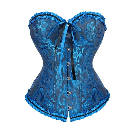 CHCNHAC Blue Corset Lingerie for Women Cute Satin Lace Up Bustier Tops Floral Trim Waist Cincher Plus Size Boned Exotic Apparel 5XL