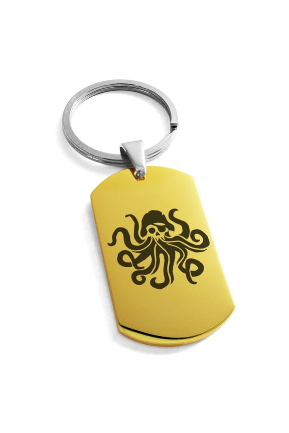 Stainless Steel Kraken Octopus Pirate Skull Engraved Dog Tag Keychain Keyring