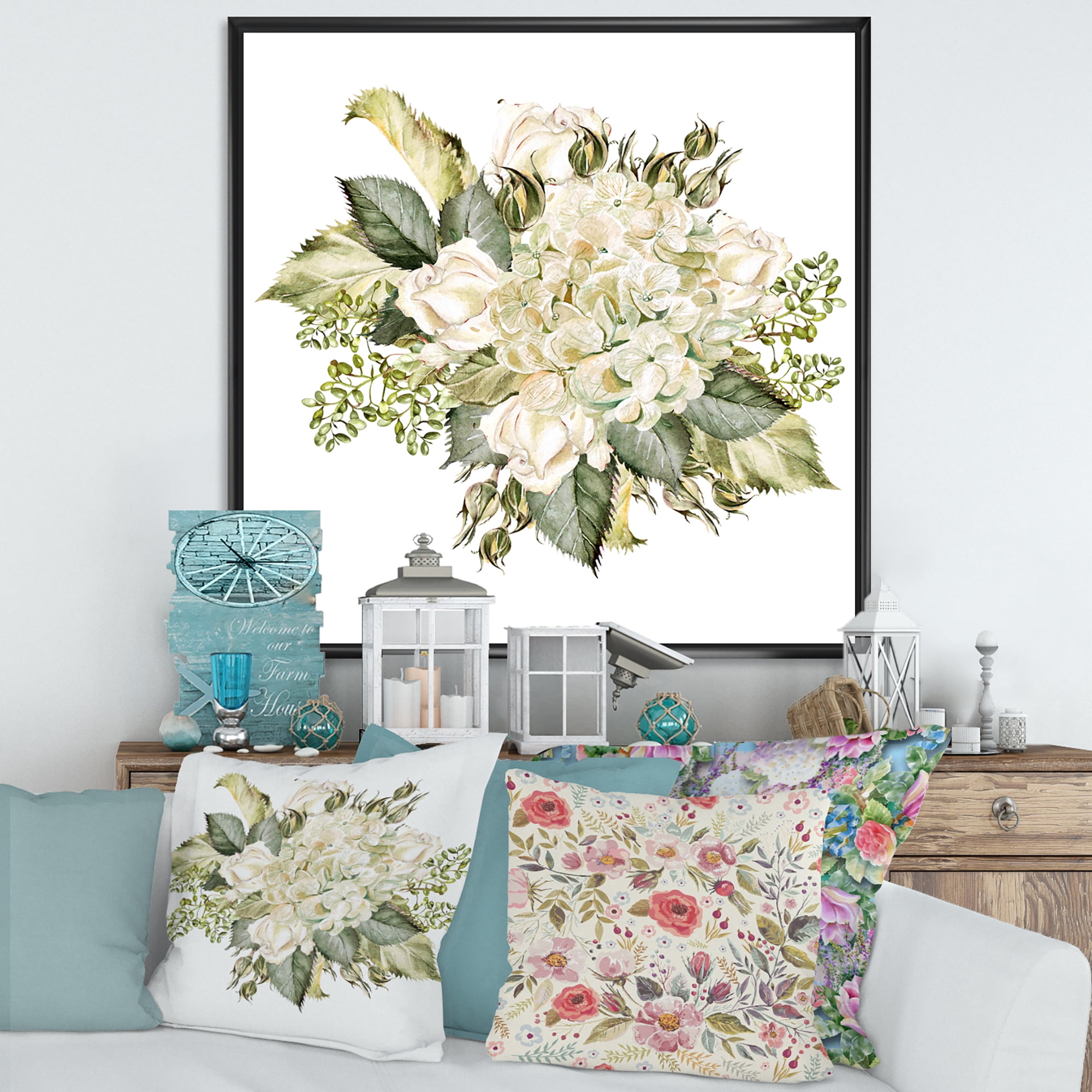 Beautiful Bouquet With Roses and Hudrangea 16 in x 16 in Framed Painting Canvas Art Print, by Designart
