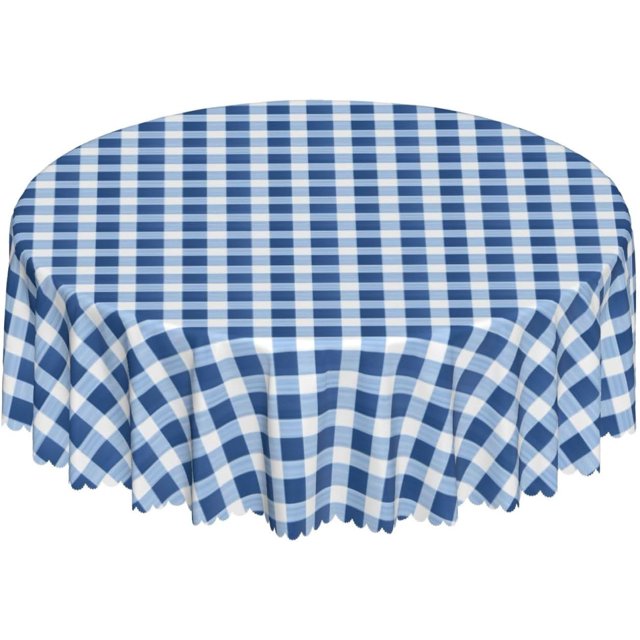 Round Tablecloth with Wave Lace 60 Inch, Blue Jeans Gingham Tablecloths Round Waterproof Stain Resistant Table Covers Polyester Table Cover for Restaurant, Picnic, Indoor and Outdoor Dining
