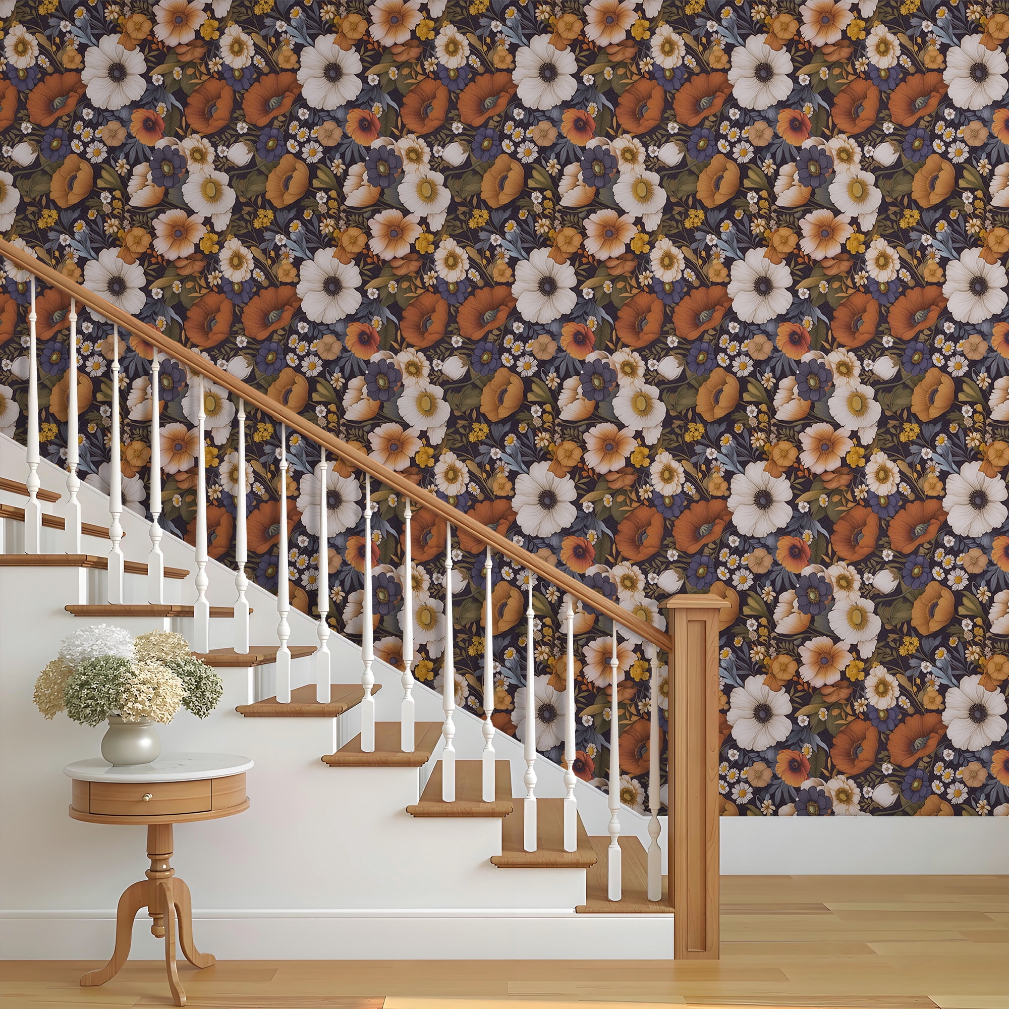 Abyssaly Floral Wallpaper Peel and Stick 17.32"×236" Floral Black Wallpaper Vintage Plant Watercolor Self Adhesive Textured Wall Paper Contact Paper Home Decor Wall Covering Old Furniture Renovation