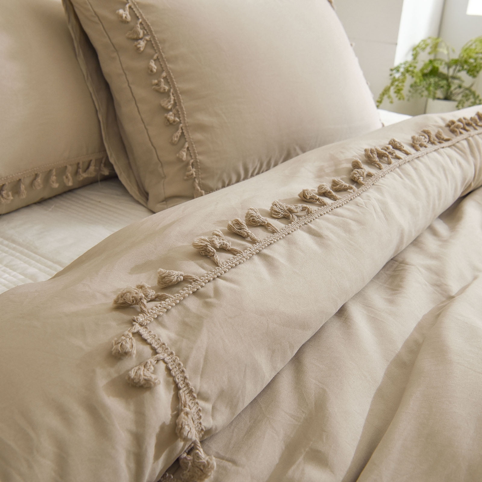 Move Over Taupe Tassel Bedding Set Ruched Tassel Duvet Cover Set Pinched Pattern Washed Microfiber Queen No Filling