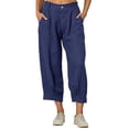 thumbnail image 3 of High-Waisted Cotton-Linen Balloon Pants for Women with Elastic Cuffs - Loose Fit Cropped Trousers for Women's Summer Casual & Vacation Wear Navy XL, 3 of 8