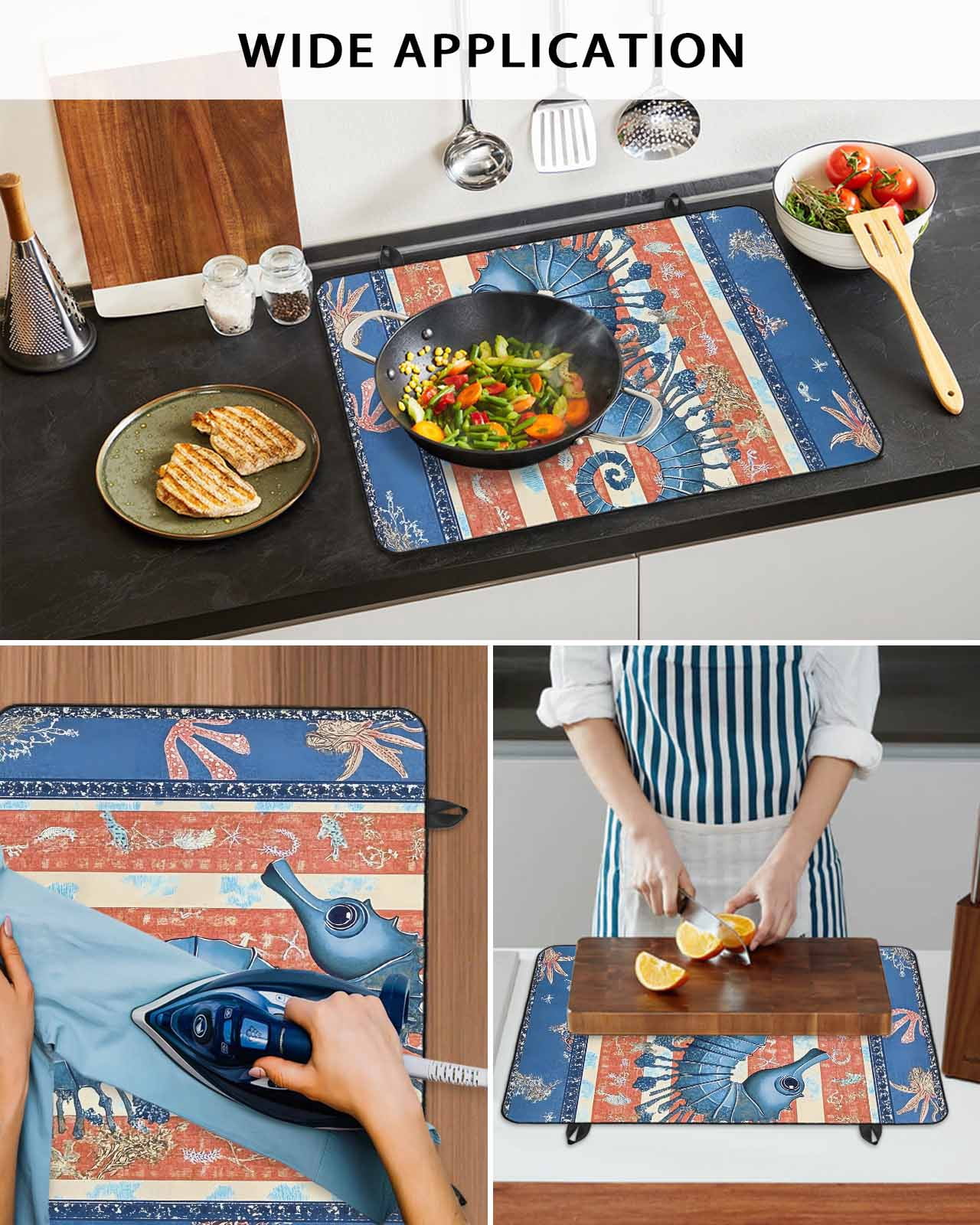 nqOlkjepod Large Induction Cooktop Protector Mat 24"x21", Blue Seahorse Stove Top Covers for Electric Stove, Summer Ocean Orange Coral Striped Stove Burner Cover Mats, Glass Top Stove Cover