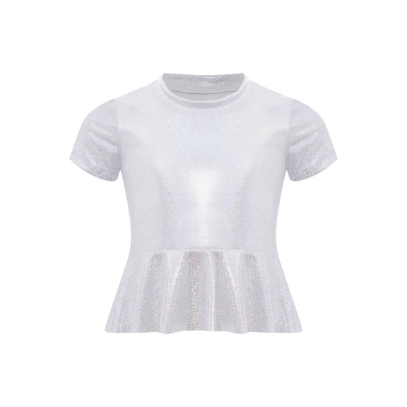 Zaldita Kids Girls Metallic Short Sleeve T-Shirt Cheerleading Jazz Hip Hop Dance Tops Disco Party Shirts Blouse White 9-10