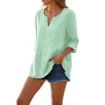 thumbnail image 2 of WTXUE Womens Cotton Linen Shirts Loose Long Sleeve V Neck Casual Boho Beach Tops Flowy Vintage Embroidered Tunic Blouse Gauze Tops Loose Blouses Lightweight Tops Casual Blouse Loose Fit Mint Green S, 2 of 9