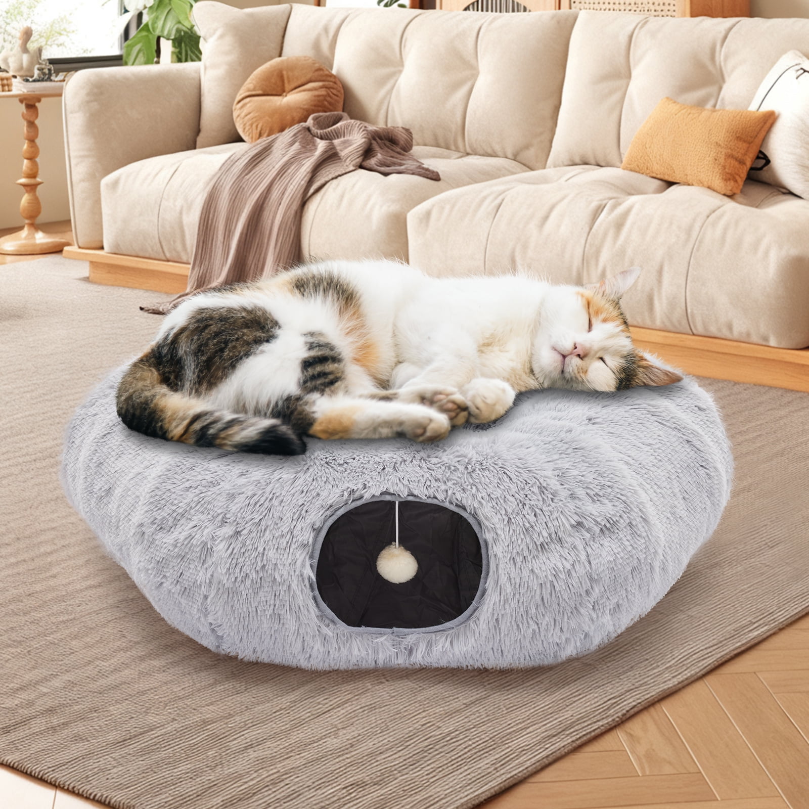 LIFERECORD Cat Tunnel with Cat Bed for Indoor Cats, Under Christmas Tree Soft Plush Peekaboo Cat Cave Donut Tunnel, Multifunctional Playground Toys Hideplace for Kittens, Rabbit - Grey