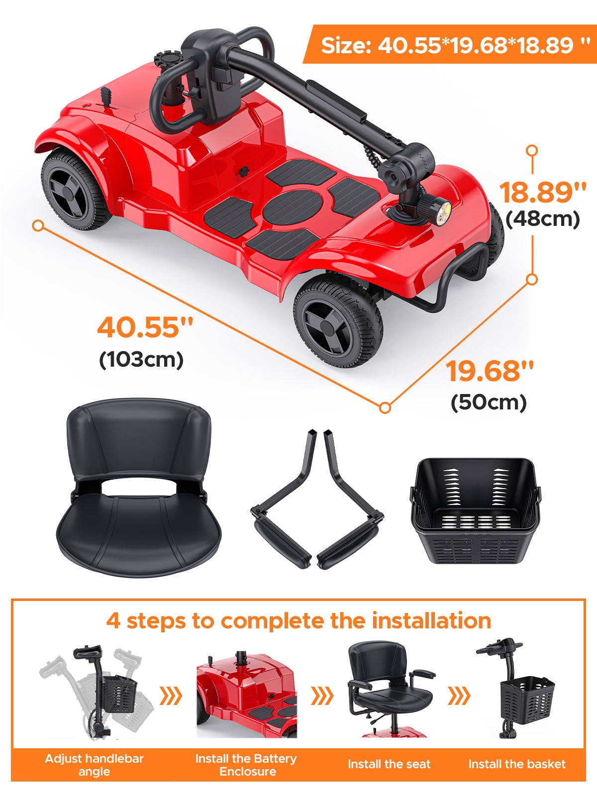 ENGWE 4 Wheels Mobility Scooter for Seniors & Adults , Electric Foldable Mobility Scooter with Rotating Chair Basket Headlights Folding Wheelchair for Short Travel ,Red