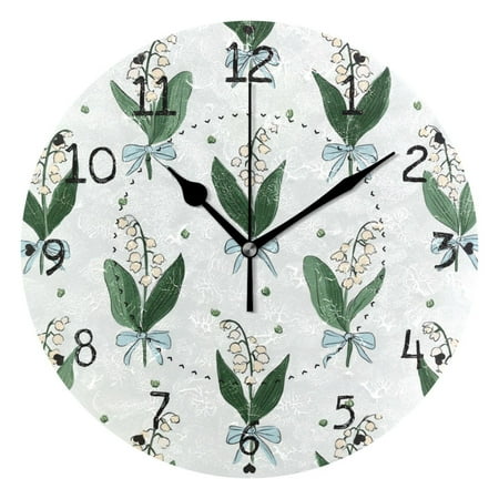 Blue Bows Tie on Flowers Round Wall Clock Silent Analog Battery Operated Black Pointer Home Decor 9.84 Diameter