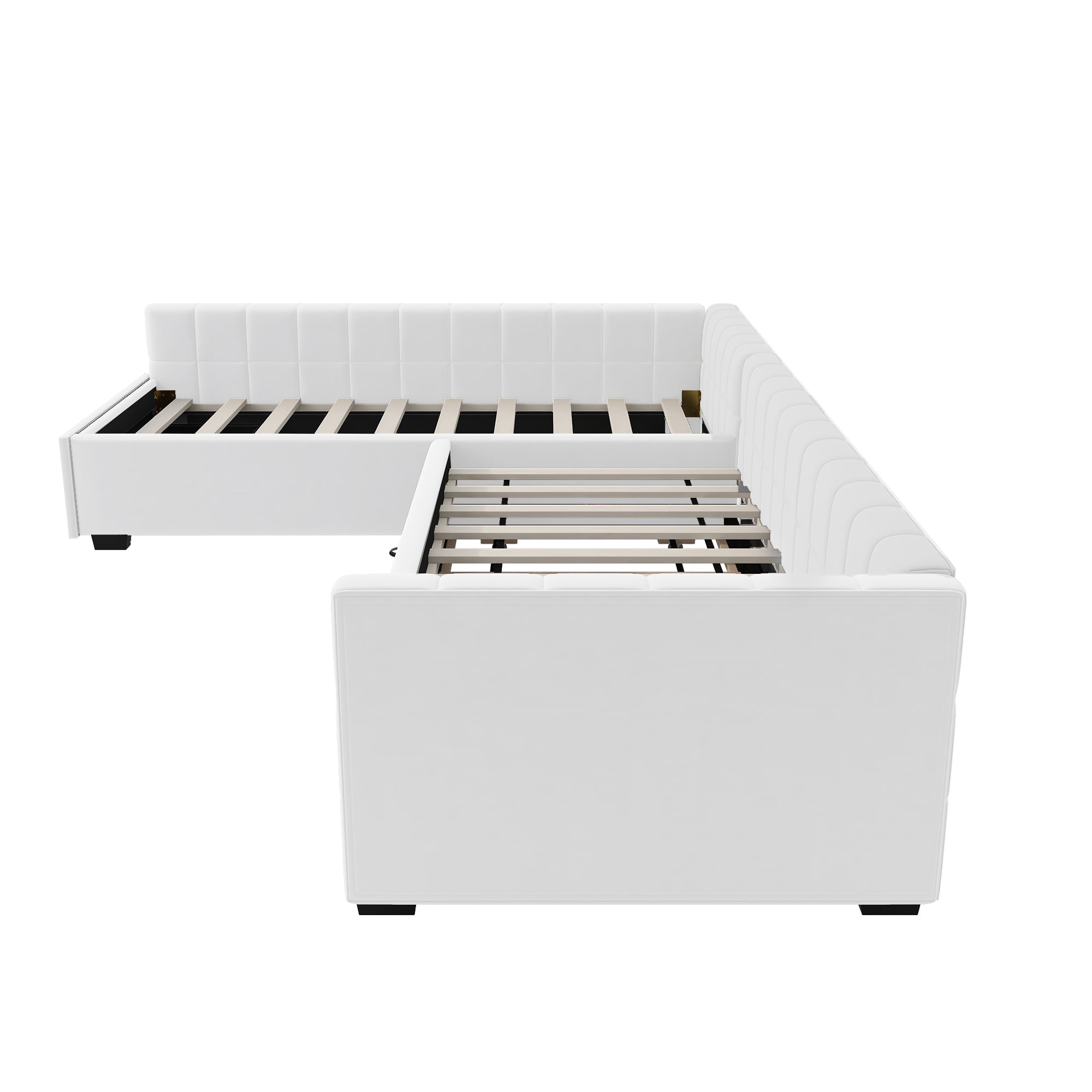 Euroco Upholstery L-Shaped Twin Platform Bed with Trundle and Drawer, 3 Beds in 1, No Spring Box Needed, Beige
