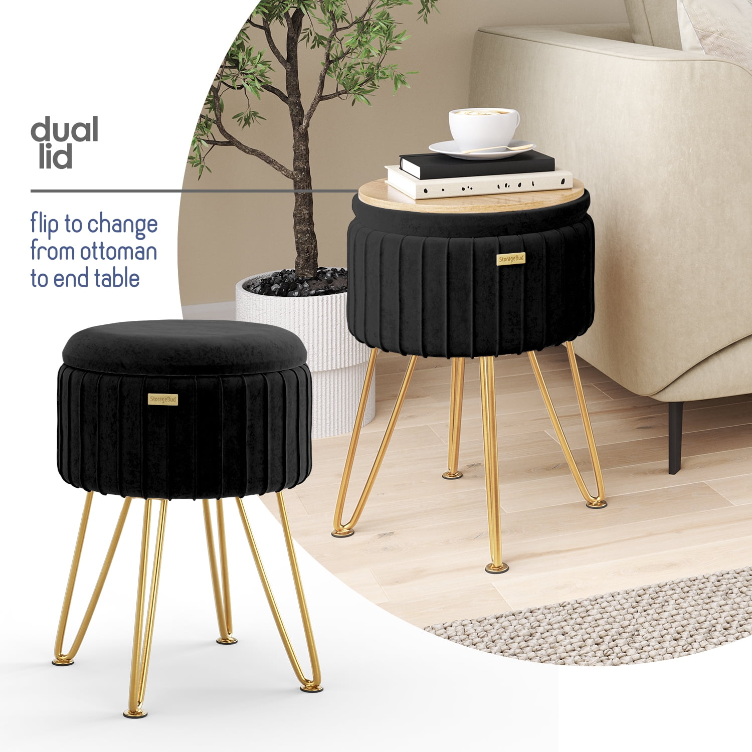 Hearth & Harbor Round Ottoman with Storage, Luxurious Foot Stool and Chic Vanity Stool with Storage, Elegant Pleated Velvet Black