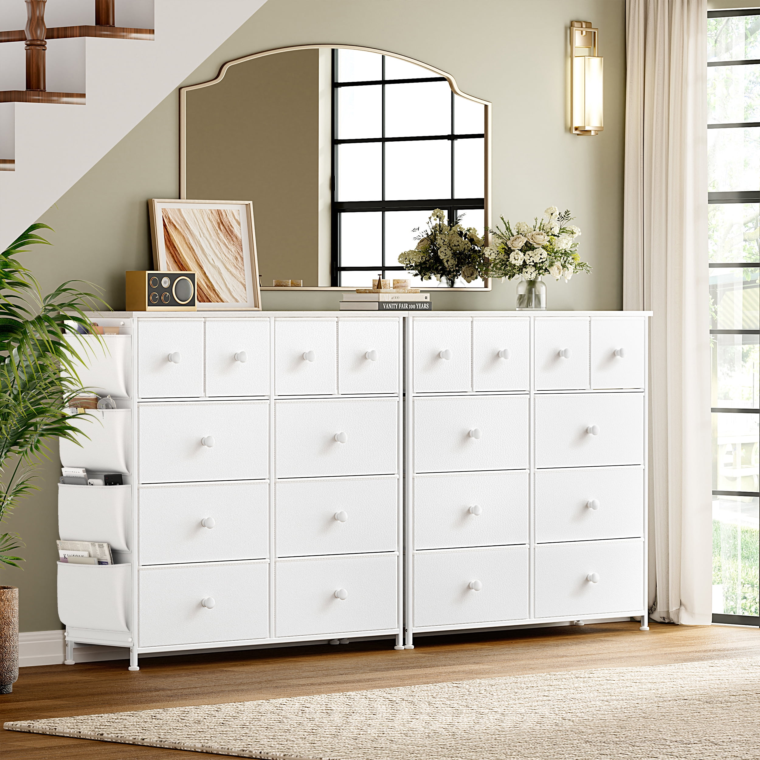 KOUSEI 10 Drawer Dresser,Fabric Dressers for Bedroom,Chest of Drawers with 4 Side Pockets,Storage Drawers,White