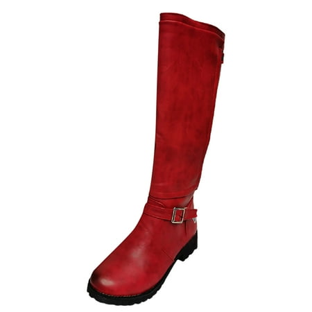 

PMUYBHF Female Platform Sandals Wide Foreign Trade Fall and Winter Women s Boots Cowboy Heel Low Heel Belt Buckle High Boots Red 40