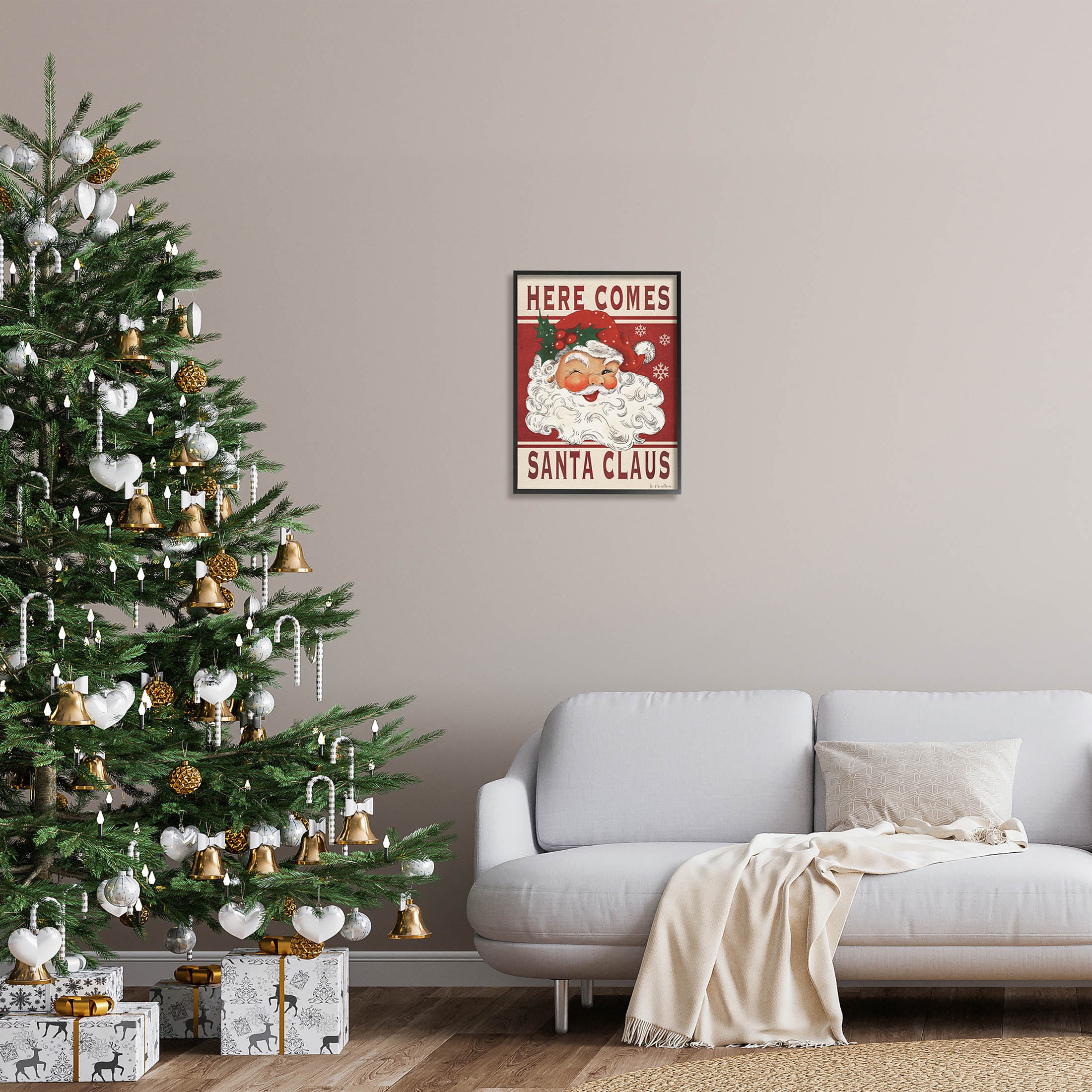 Here Comes Santa Claus Smiling Vintage Holiday Graphic Art Black Framed Art Print Wall Art