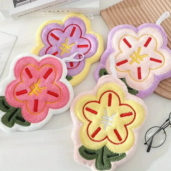 4 Pcs Cute Hand Towel with Hanging Loop, Soft Absorbent Coral Fleece Creative Hand Towels for Kitchen, Bathroom (flower)