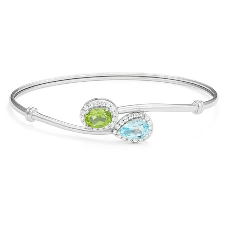Pear-Shaped Blue Topaz and Oval Peridot Framed in Created White Sapphire Sterling Silver Bypass Flex Bangle