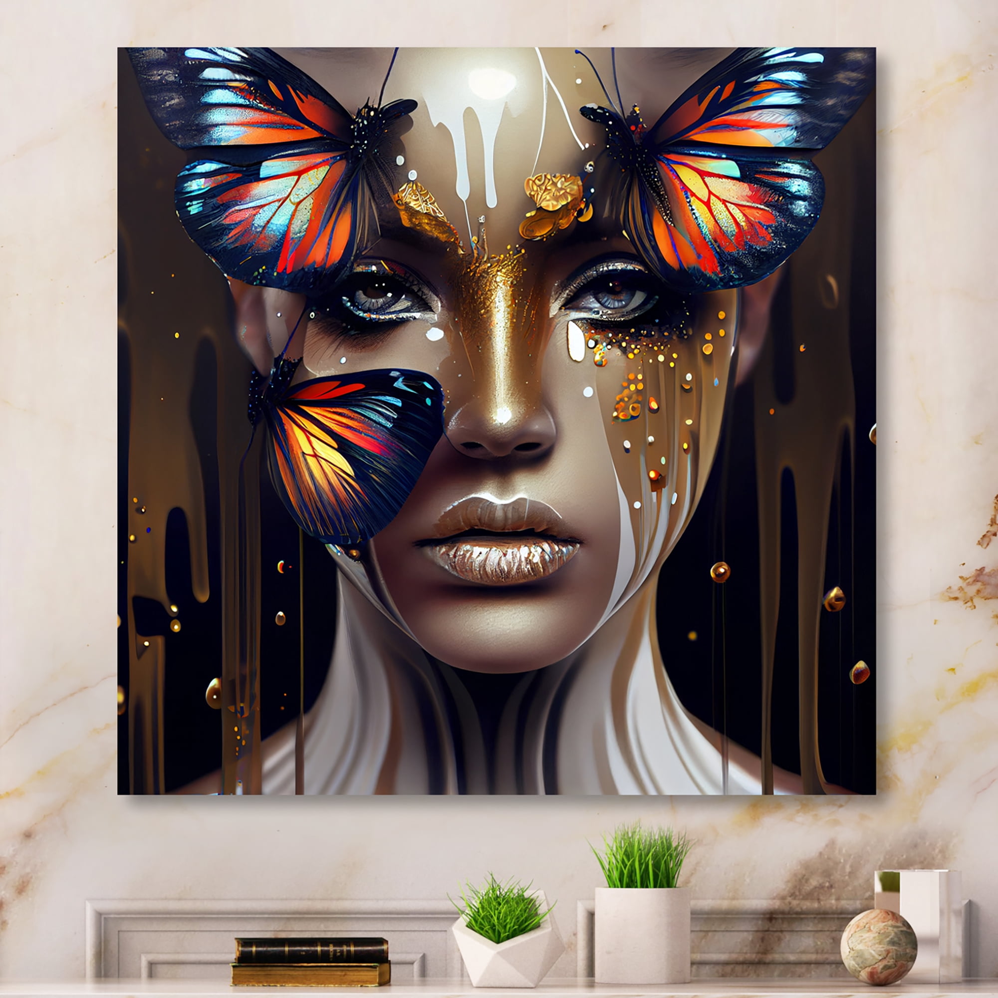 Designart Sensual Woman With Colorful Butterfly VII Canvas Wall Art