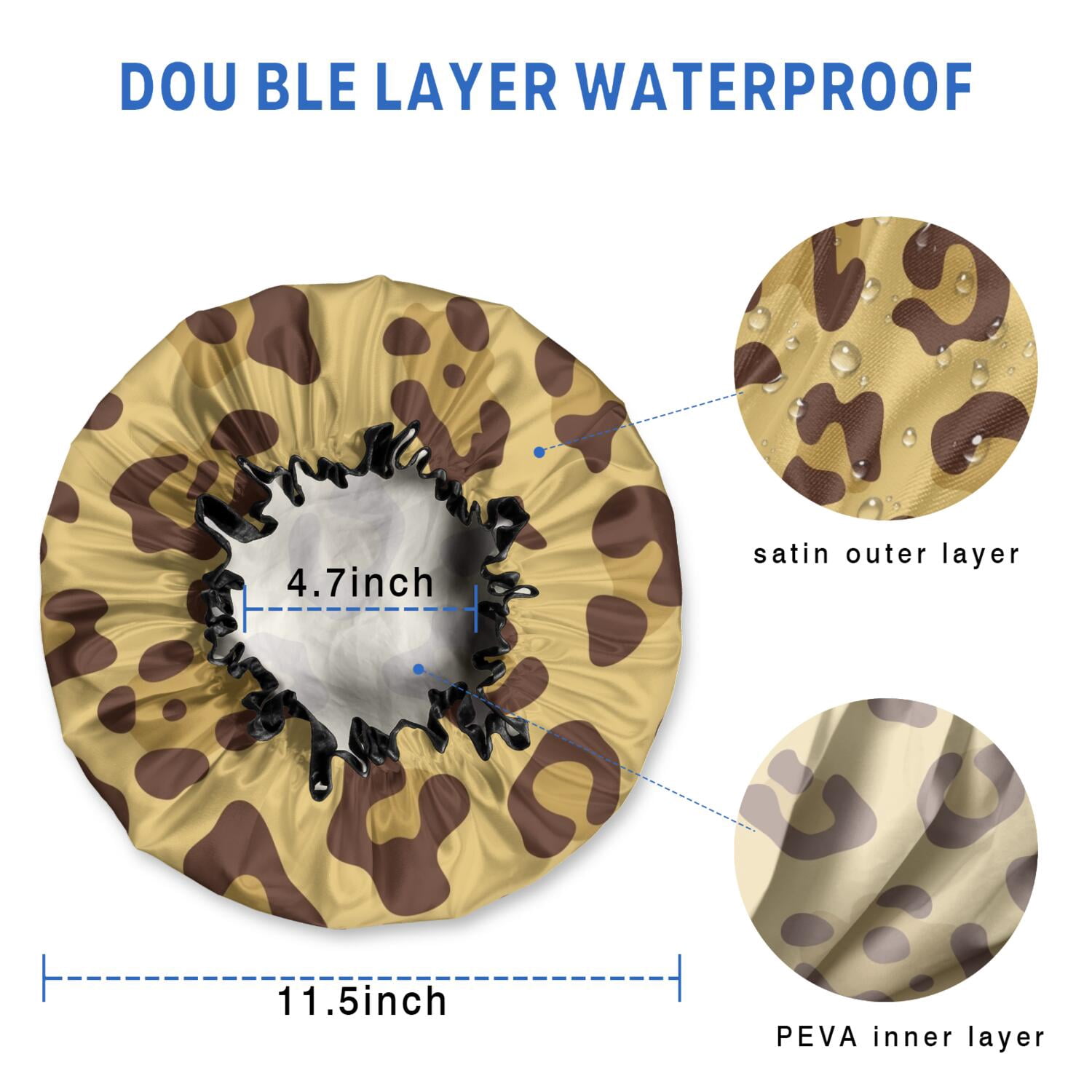 Shower Caps,Yellow and Brown Of Leopard Print Waterproof Shower Cap for Women 4 Pieces,Double Reusable Hair Cover for Shower PEVA Elastic Stretch Hem