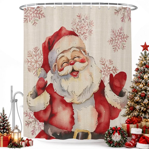 Funny Santa Claus Christmas Snowflakes Shower Curtain for Bathroom, Xmas Theme Retro Linen Waterproof Shower Curtains Washable Quick Dry with Hooks Bathtub Curtains 36x72IN