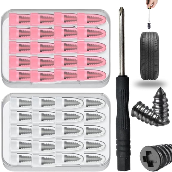 30/40/50PCS Tire Repair Rubber Nails Kit, Screw In Tire Repair Plugs with 2 Sizes, Fast Emergency Tire Puncture Repair Tool with Screwdriver and Storage Box for Car Motorcycle Truck