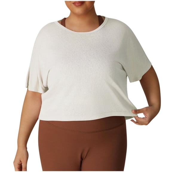 WXLWZYWL Plus Size Crop Tops for Women Short Sleeve Shirts Round Neck T Shirts Solid Color Lightwieght Tees
