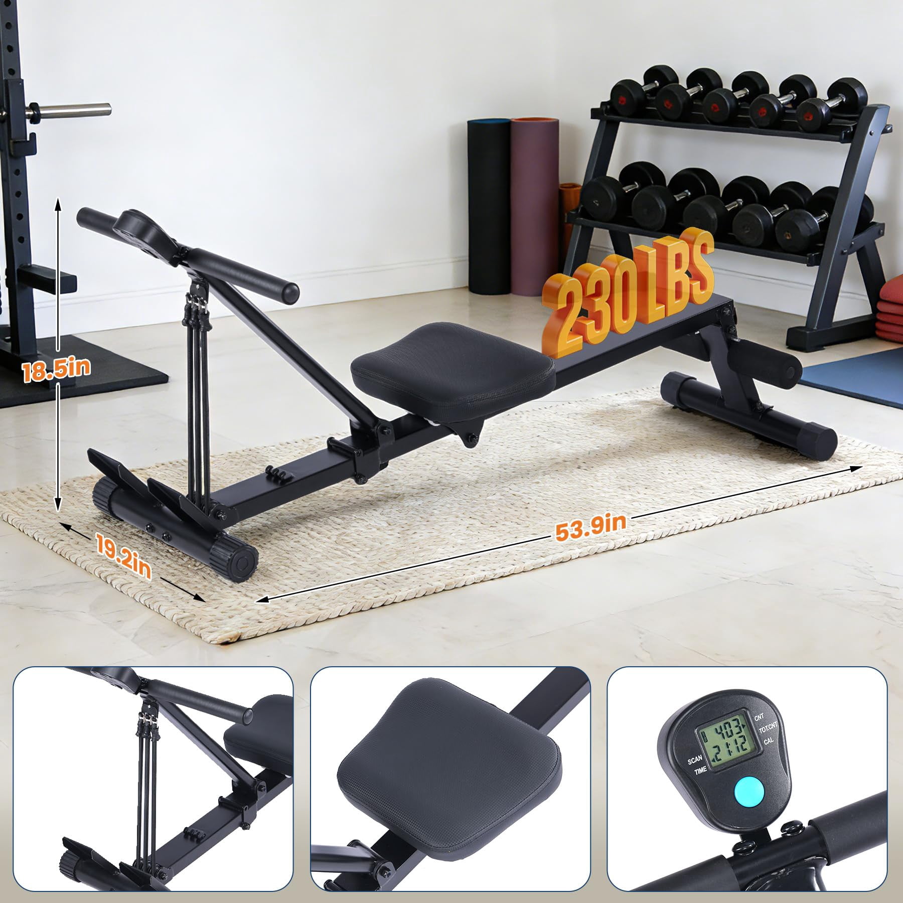 GIMMYFIVE Compact Rowing Machine with LCD Display, 276 lb Max Weight, Space Saving Design Home Gym